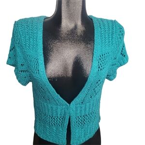 Studio Mode Vintage Y2K Teal Crochet Short Sleeve Bolero M